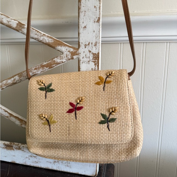 Fossil Handbags - Fossil Beige Woven Crossbody Bag with Multicolor Floral Embroidery